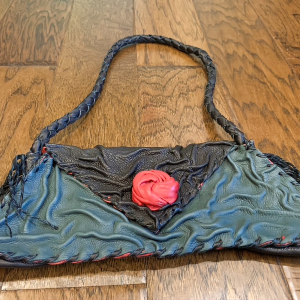 Gray and Black Italian leather purse with Red Rose